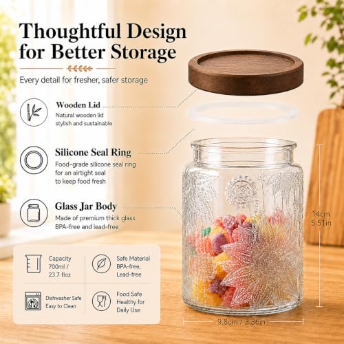 Custde 23.7 oz Vintage Sunflower Glass Jar with Airtight Wooden Lid