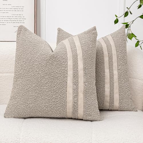 Vfuty 18x18 Oatmeal Boucle Throw Pillow Covers Set of 2 with Leather Accent