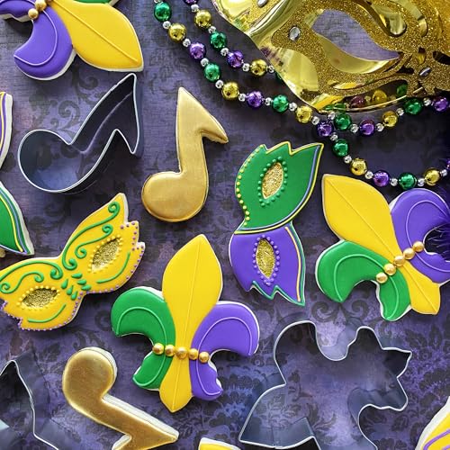 Mardi Gras Cookie Cutter Set - 3-Piece Mask, Fleur De Lis, Note