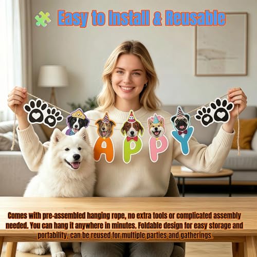 Dog Birthday Banner with 13 Adorable Faces & Paw Prints