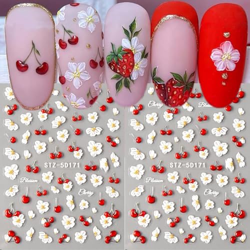 5D Flower Nail Stickers Embossed Cherry Floral Decals DIY Manicure 2 Sheets