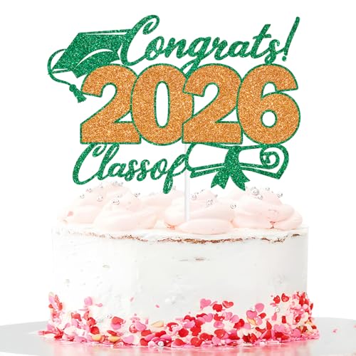 2026 Graduation Cake Topper - Green & Orange Glitter Decor
