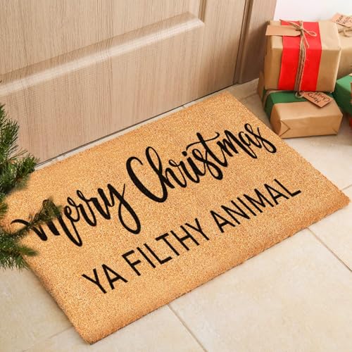 Christmas Doormat Natural Coir Welcome Rug with Funny 'Ya Filthy Animal' Quote 16.5 x 29 Inches