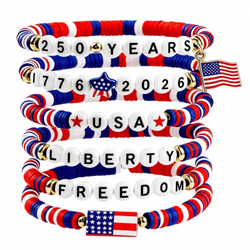 4th of July Patriotic Bracelets Set - 6 Pack in Red, White, Blue