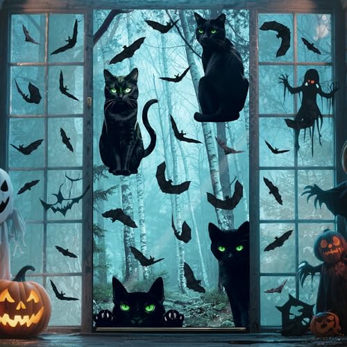 Halloween Window Clings - 4 Sheets Black Cat & Bat Stickers