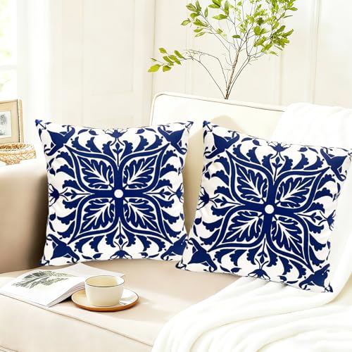 Boho Farmhouse Throw Pillow Covers Set of 2 - 18x18 Inch Blue Floral