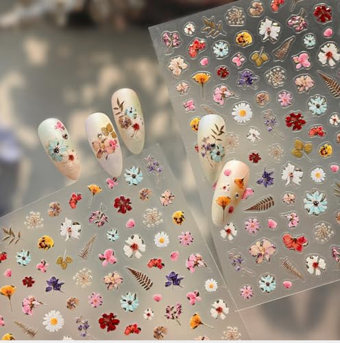 Qdsuh 5D Embossed Dried Flower Nail Stickers Floral Art Decals