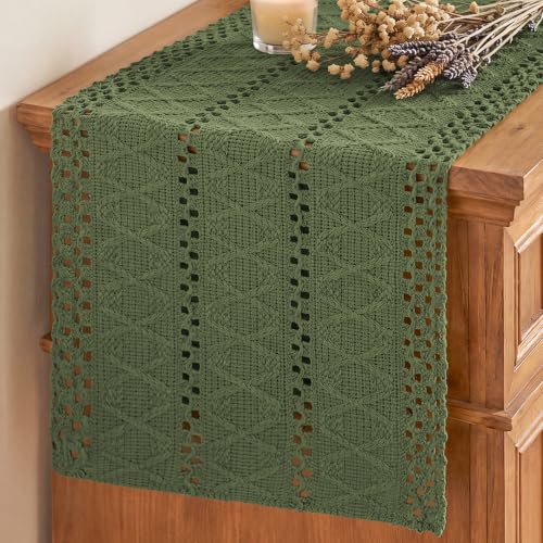 Army Green Woven Farmhouse Table Runner 12x108 Inch - Durable Polyester Cotton