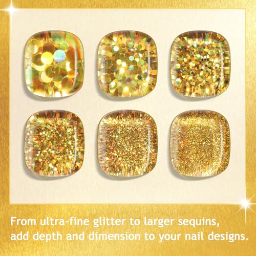 Gold Nail Glitter Powder and Sequins Set with Brush