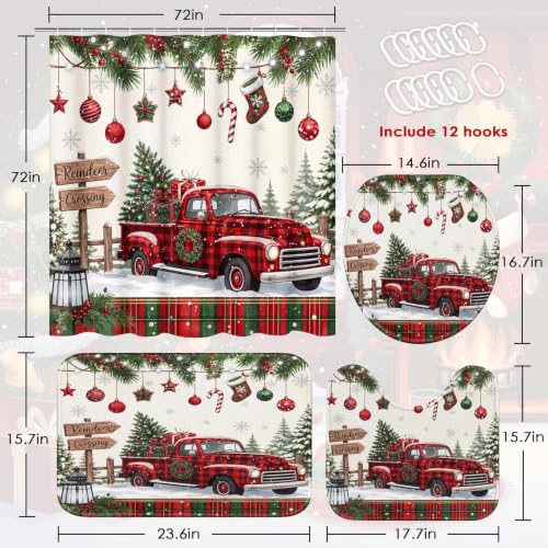 ArtSocket Christmas Bathroom Set with Shower Curtain and Rugs - Truck Red