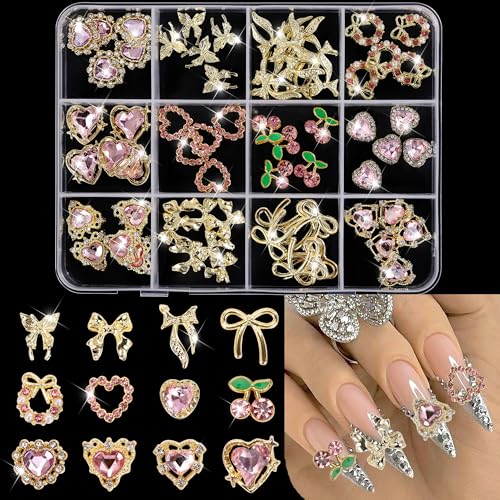 60PCS Gold Heart Cherry Nail Charms Y2K Rhinestone 3D Nail Art Gems