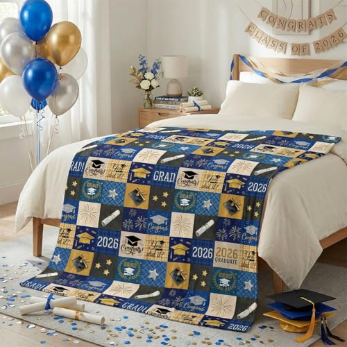 Graduation Flannel Blanket Throw - Blue 50x60, Cozy Fleece Gift