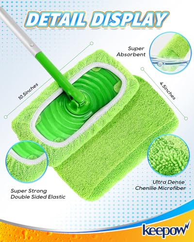 KEEPOW Reusable Mop Pads for Swiffer - Dual-Material Wet/Dry, 4 Pack Green