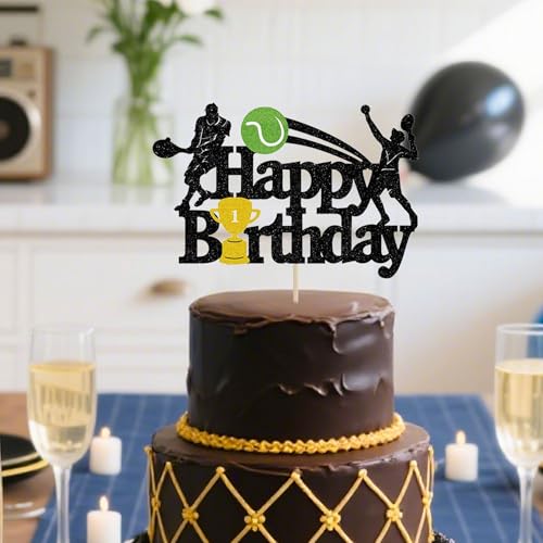 Glitter Tennis Happy Birthday Cake Topper for Sports Parties