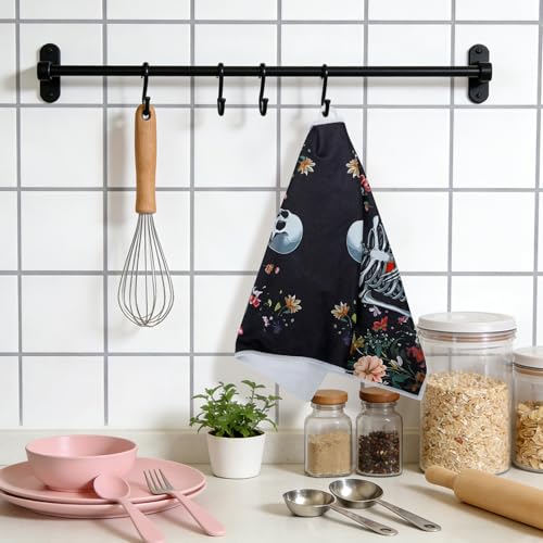 Gothic Skull Kitchen Towels 2 Pack - Cute Goth Flower Microfiber Dish Hand Towels with Hanging Loop