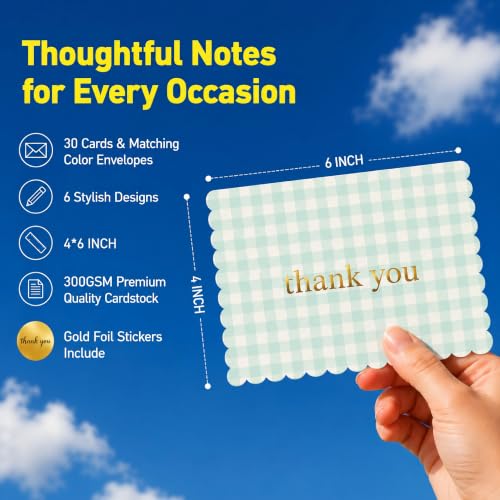 30 Premium Thank You Cards with Envelopes & Gold Foil Stickers