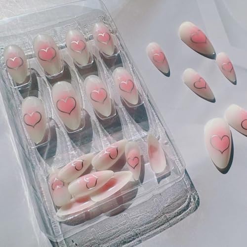 YKZFUI Medium Almond Press on Nails Pink Blush Star False Nails