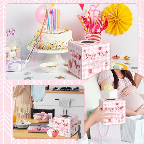 Fisahat Strawberry Baby Shower Decorations - 50 Pink Diaper Raffle Tickets with Box - Baby Girl Theme