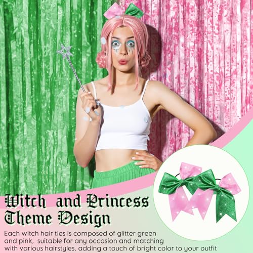 Landical 7 Inch Glitter Witch Hair Bows Pink and Green Ponytail Holder