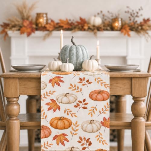Thanksgiving Table Runner - Orange Pumpkins & Maple Leaves, 13x72"