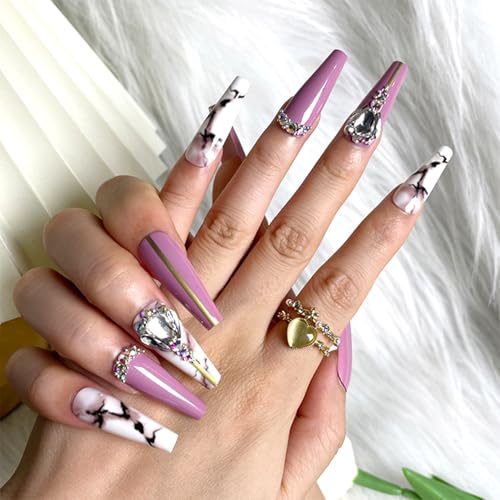 Pink Press on Nails with Rhinestones Long Coffin Fake Nails