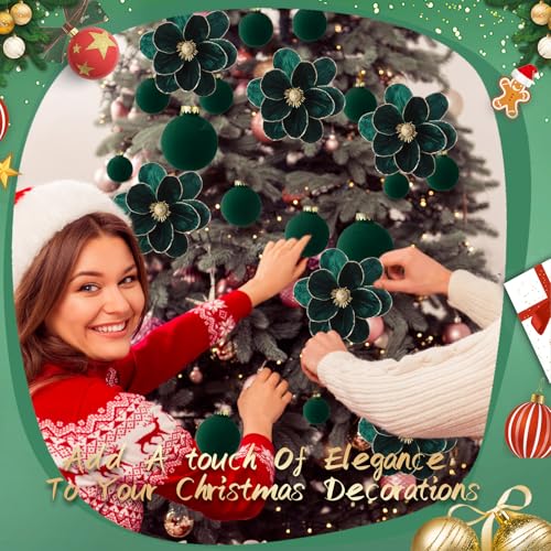 Green Velvet Christmas Tree Decorations Set with Poinsettias & Ornaments