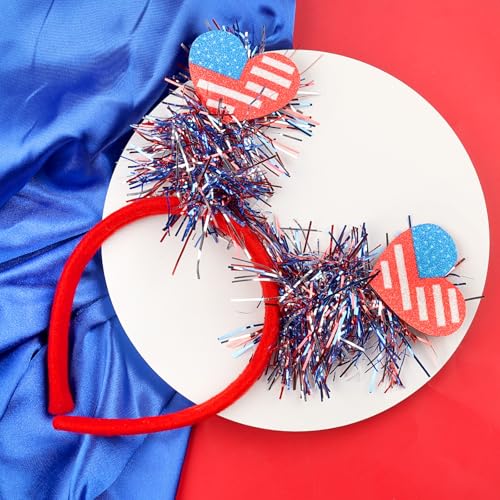 4th of July USA Flag Star Bow Headband with Tinsel Red White Blue