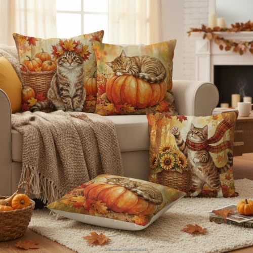 GAGEC Fall Cat Pillow Covers Set of 4, 18x18 inch Autumn Decor