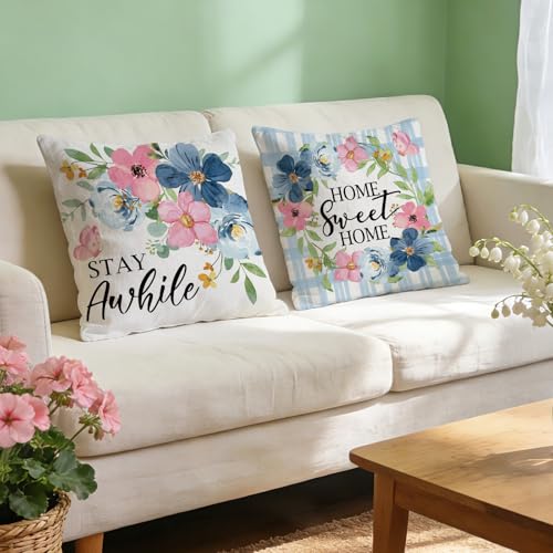 Fjfz Navy Flower Throw Pillow Covers 18x18 Set of 4 Cotton Linen