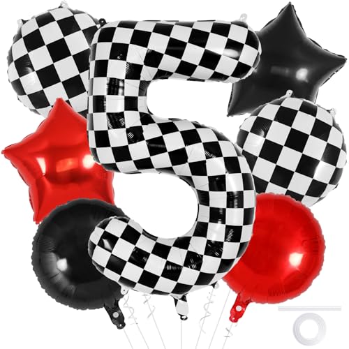 Checkered Number 5 Balloon - 40 Inch Foil Race Car Decoration