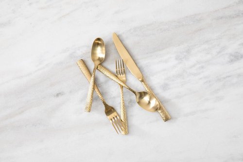 Fortessa Lucca Faceted 18/10 Stainless Steel Flatware, 5 Piece Place Setting, Service for 1, Brushed Gold