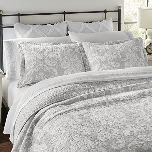 Laura Ashley - King Quilt Set, Cotton Reversible Bedding with Matching Shams, Lightweight Home Decor Ideal for All Seasons (Venetia Grey, King)