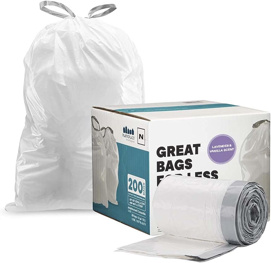 Plasticplace White Drawstring Garbage Can Liners - Lavender & Soft Vanilla Scent | 12-13 Gallon, 200 Count
