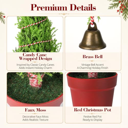 Whimsical Bent Top Mini Christmas Tree with Bell Ornament - Potted Holiday Decor