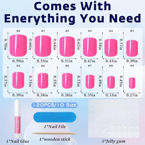 Short Press on Nails Hot Pink Square Glossy Fake Nails Kit
