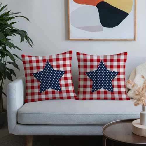18x18 Patriotic Star Plaid Pillow Covers - Set of 2 for Home Decor
