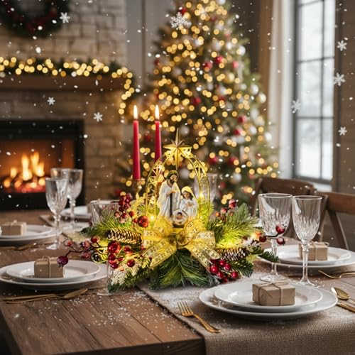 Lighted Nativity Scene Christmas Decor with Timer and Gold Bow, 20 Inches