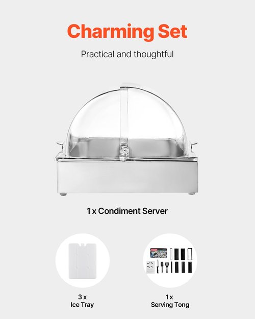 VEVOR Countertop Food Serving Display Container, 1 x 1 Pan Stainless Steel Food Serving Tray, Buffet Condiment Dispenser Display Rack with Clear Lid & 3 Ice Trays, for Restaurant Hotel Kitchen Party