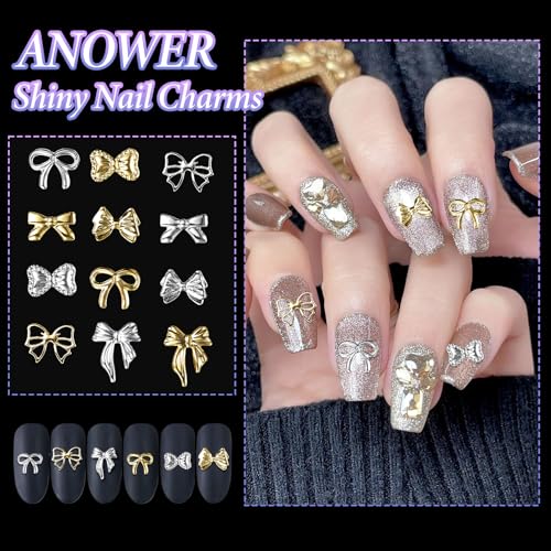 Anower Silver & Gold Bow Nail Charms 12 Styles Alloy Bowknot Studs