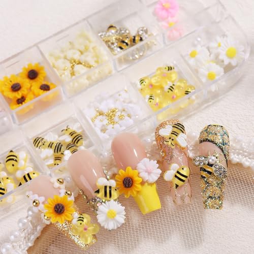 Quezadyl 12 Grids 3D Bee & Sunflower Nail Art Charms with Resin Rhinestones