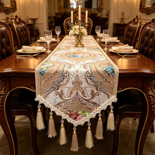 Champagne Floral Jacquard Thick Table Runner - 48 Inch Vintage Style