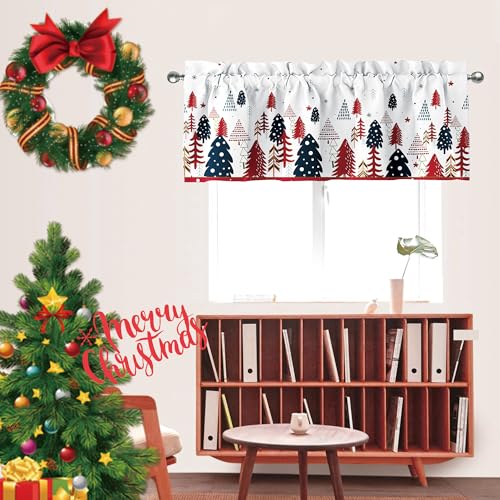 Christmas Window Valance - Tree & Snowflake Design, 52x18 Inch, Winter Decor - Variation of Tree-a