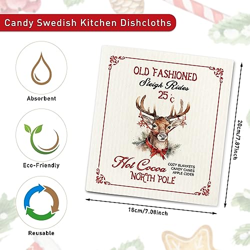 Christmas Swedish Dish Cloth Set - Reusable Kitchen Towels with Candy Cane Pattern - 8 Pcs