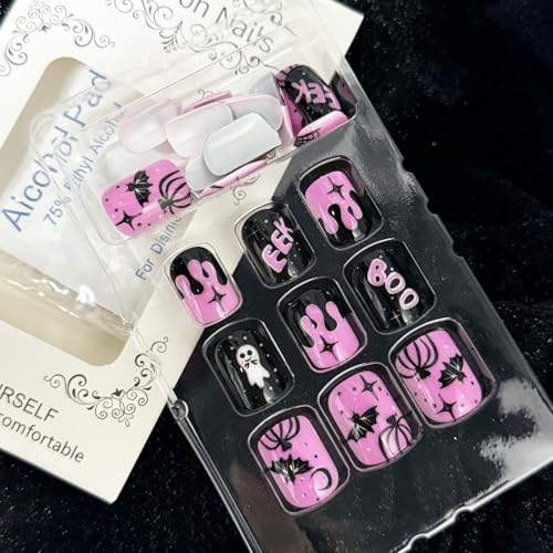 Halloween Press on Nails Square Glossy False Nails with Ghost and Spider Web Designs, 24Pcs