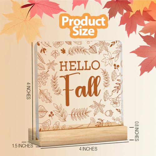 Fall Acrylic Sign with Wooden Base - 4x4 Inch Thanksgiving & Autumn Office Desk Decor