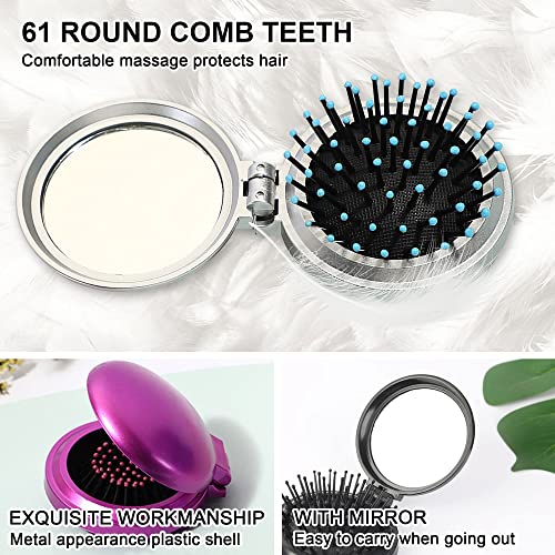 Folding Hair Brush with Mirror Round Compact Travel Hairbrush Silver
