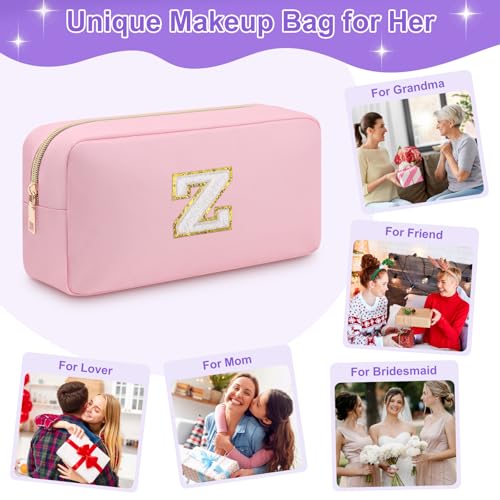 Pink Initial Makeup Bag with Glitter Letter Patch Travel Toiletry Pouch