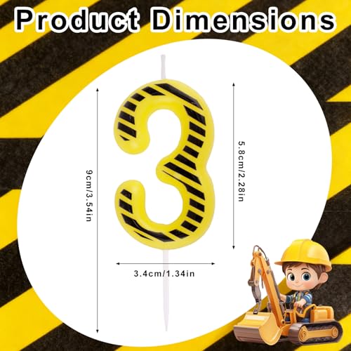 Construction Birthday Candle Number 3 - Black & Yellow Stripe Cake Topper