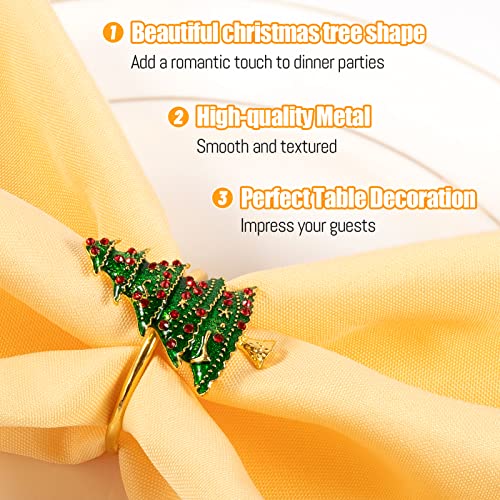 Classic 6 pcs Christmas Tree Napkin Rings Set - Gold & Red Berries, Holiday Table Decor