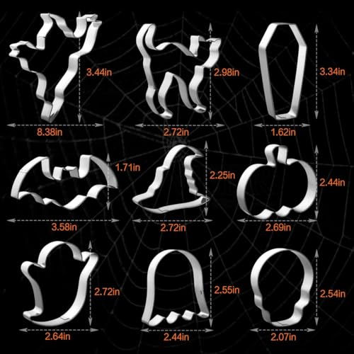Halloween Cookie Cutter Set - 9 Stainless Steel Shapes Pumpkin Ghost Bat Witch Skull